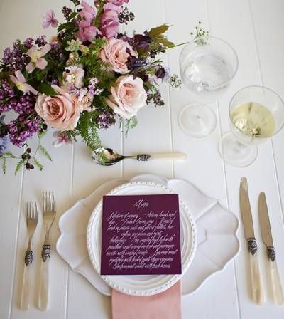 Peach & Plum Wedding Inspiration Annie Banks, Plum Blush, Plum Wedding, Hand Calligraphy, Table Decorating, Blush Tones, Peach Wedding, Wedding Arrangements, Wedding Table Settings