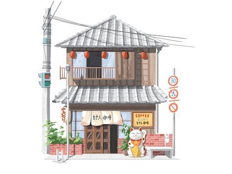 Japan House Drawing, Illustration Scene, Japanese Buildings, Glass Facade, Anime House, Arte Indie, Building Sketch, Building Drawing, Building Illustration