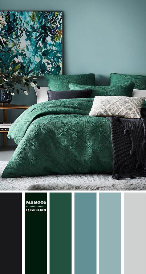 green bedroom, green color scheme for bedroom, green and grey bedroom #bedroomcolor #bedroom Teal And Green Bedroom Ideas, Blue Green Bedrooms Ideas, Blue Green Grey Color Palette Bedroom, Blue Green And Grey Bedroom, White Bedroom Color Scheme, Grey Dark Green Bedroom, Green And Blue Guest Bedroom, Green Blue Grey Bedroom, Dark Green And Grey Bedroom Ideas