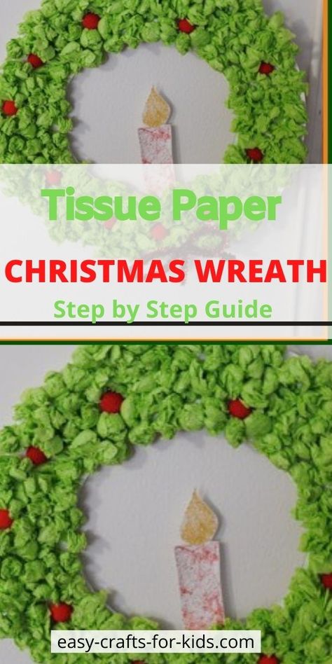 Christmas wreath craft with tissue paper Diy Tissue Paper Christmas Decorations, Christmas Crafts With Tissue Paper, Tissue Paper Crafts Christmas, Tissue Paper Winter Crafts, Tissue Paper Wreath For Kids, Craft With Tissue Paper, Tissue Paper Crafts For Kids, Tissue Paper Wreaths, Paper Christmas Wreath