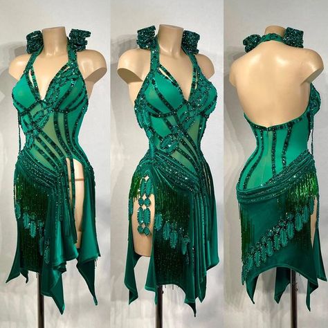 Vesa Hietala on Instagram Green Latin Dance Dress, Green Ballroom Dress, Salsa Costumes, Dancing Dress Latin, Latino Dress, Ballroom Gowns Dance, Salsa Dancing Outfit, Salsa Costume, Ballroom Dance Competition Dress