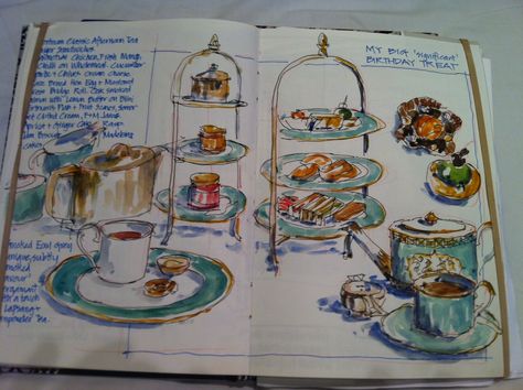 Journal sketch of tea at Fortnum & Mason, London Mason London, Liz Steel, Sketchbook Layout, Fortnum Mason, Fortnum And Mason, Tea Break, Ritz Carlton, Art Journals, High Tea