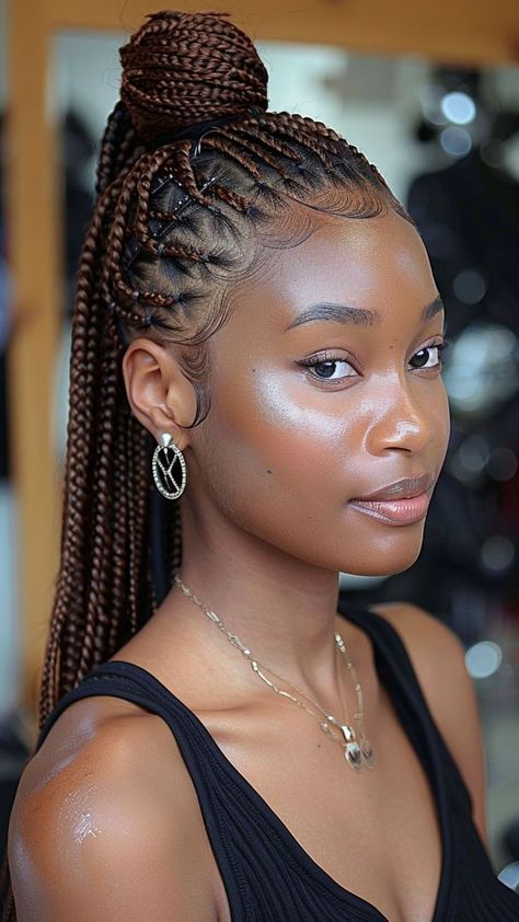 cute hairstyles for medium hair updos Protective Style Braids Cornrows, To Style Braids, Knotless Braids Updo Styles, Knotless Braids In Ponytail, Hair Styles Braids Easy, Easy Braids Hairstyles For Black Women, Knotless Braids Straight Ends, How To Style Braids Hairstyles, Braids Hair Styles For Black Women