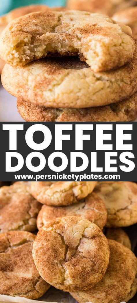 This easy Toffee Doodle cookie recipe takes everything you love about snickerdoodles up a notch by filling them with toffee bits! They are soft, chewy, and rolled in just the right amount of cinnamon and sugar. Snickerdoodle Oatmeal Cookies, Cinnamon Toffee Cookies, Toffee Bit Cookie Recipes, Ranch Cookies Recipe, Snicker Cookies Recipes, Toffee Snickerdoodle Cookies, Toffee Doodle Cookies, White Trash Cookies, Best Rated Cookie Recipes