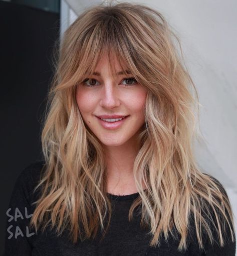 Shattered Bronde Shag with Bangs Bangs For Round Face Before And After, Blond Bangs Hairstyles, Long Haircuts With Bangs Curly, Medium Length Hair With Layers And Bangs Long Shag, Choppy Layers For Long Hair With Curtain Bangs, Women's Razor Haircut, Long Think Haircut, Mid Length Hair With Bangs And Layers Wavy, Shag Haircut Ponytail