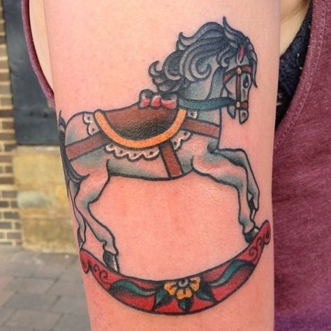 hudsontattoo:  Rocking horse to finish the day Carousel Horse Tattoos, Carousel Tattoo, Horse Tattoo Design, True Tattoo, American Tattoos, Horse Tattoo, Head Tattoos, Carousel Horses, Vintage Tattoo