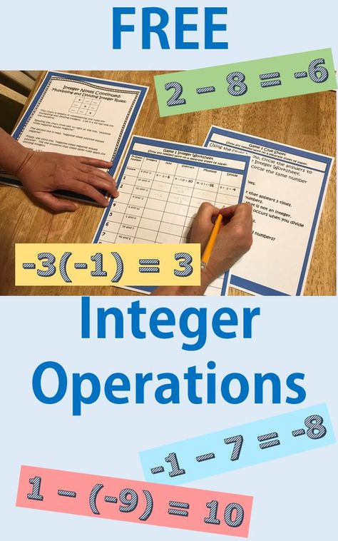 Your students will get lots of practice and have fun with these FREE integer operation problems. After finding the answers, they use the clues to find the mystery number! Includes: 20 problems with 4 parts each = 80 problems (2 games) Detailed notes for the students Teacher Prep, Instructions, and Suggestions Integer Worksheet and Clue sheet Answer key #Middle School, #Upper Elementary, #Integer, #Operations, #Integer Operations, #Activity #Free Solving Integers, Operations With Integers, Integers Games Middle School, Adding Integers Activities, Adding Integers Rules, Adding And Subtracting Integers Activity, Integers Activities, Teaching Integers, Secondary Math Classroom