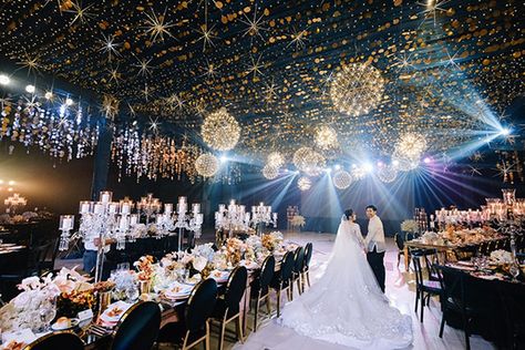 Orange Blue Wedding Under Stars | Philippines Wedding Blog Starry Night Wedding Reception, Blue Classic Wedding, Orange Blue Wedding, Midnight Blue Wedding, Star Themed Wedding, Night Wedding Reception, Blue Wedding Receptions, Classic Romantic Wedding, Starry Night Wedding