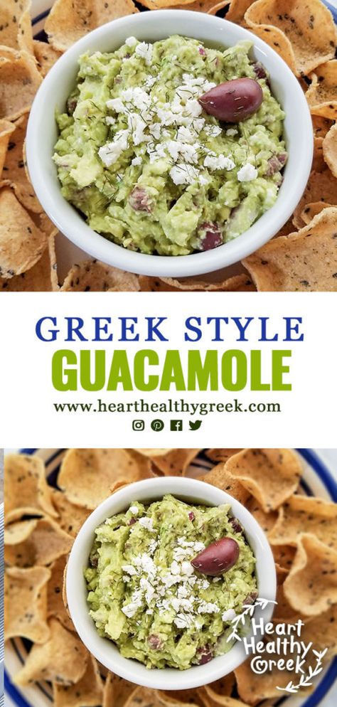 Greek Style Guacamole - Heart Healthy Greek Healthy Greek Recipes, Tuesday Dinner, Guacamole Recipe Easy, Game Day Party, Greek Flavors, Guacamole Recipe, Kalamata Olives, Healthy Foodie, Greek Style