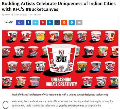 KFC India marked the milestone of growing 600 restaurants strong with the #KFCBucketCanvas campaign. The campaign brought together young artists from across the country who together, transformed the iconic KFC Bucket into the #KFCBucketCanvas, with a unique design for each city that the brand has a presence in. For full story, please visit: https://tourismquest.com/2022/03/29/budding-artists-celebrate-uniqueness-of-indian-cities-with-kfcs-bucketcanvas/ #tourismquestmagazine Kfc Bucket Design, Ambient Advertising, Kfc Bucket, Kfc Restaurant, Bucket Design, Chief Marketing Officer, Green Banana, Upcoming Artists, Toy Train