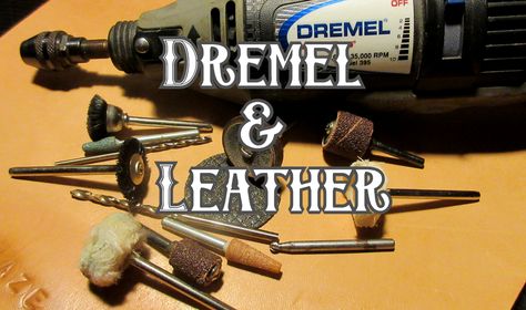 Using a Dremel tool while leathercrafting can greatly speed up your workflow. Not only can you engrave leather with a dremel but using extra attachments can help sand, finish edges buff and more to speed up your next leather project. In this article I go over tips of using a Dremel with leather. How To Engrave Leather Diy, Small Leather Projects Ideas, Leather Edge Finishing, Wood And Leather Projects, Leather Workshop Ideas, Beginner Leather Projects, Diy Leather Engraving, Things To Do With A Dremel, Small Leather Projects