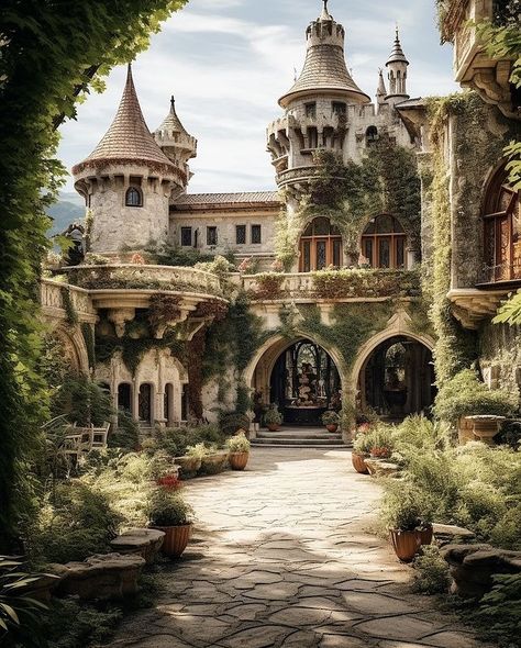 Castle Courtyard Garden, Castle Gardens Aesthetic, Castle Courtyard Fantasy Art, Small Castle Aesthetic, Fantasy Castle Aesthetic Interior, French Village Aesthetic, Fantasy Castle Aesthetic, Cottage Castle, Bloxburg Castle