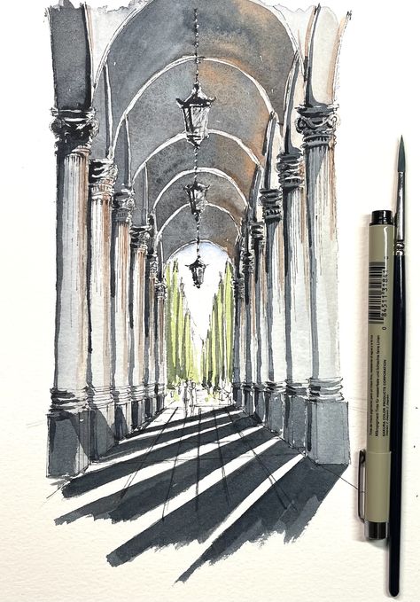 Watercolour Architecture Drawings, Architecture Drawing Sketchbooks, Sketchbook Sketches, Travel Art Journal, Watercolor Architecture, Architecture Sketchbook, Pen Art Drawings, Bio Art, Architecture Drawing Art