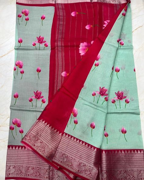 Offer sale Pure handloom Mangalagiri pattu sarees with all over body pure digital printing and big kanchi jari border. Contrast pallu and Contrast blouse. Price 5500+shipping Mangalagiri Pattu Sarees Blouse Designs, Pattu Sarees Blouse Designs, Mangalagiri Pattu Sarees, Pattu Saree Blouse Designs, Half Saree Designs, Contrast Blouse, Blouse Price, Pattu Sarees, Half Saree