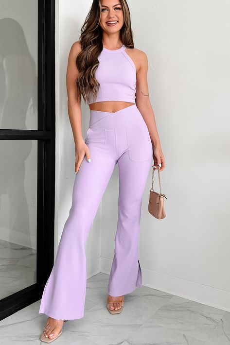 75% NYLON, 25% SPANDEX KNIT Brand: Rae Mode Model Wearing Size Small Color: Lavender Ribbed Material Cross-Over Waistband Side Pockets Flared Leg Side Split Hems Fabric Has Good Stretch 10" Front Rise / 11" High Rise 32" Inseam For Model Size Specs Please Check Size Charts Launched: 3/29/24 Lilac Crop Top, Lavender Tops, Summer Color Palette, Flared Leggings, Flying Monkey Jeans, Large Dress, Jeans Size Chart, Small Dress, Good Stretches