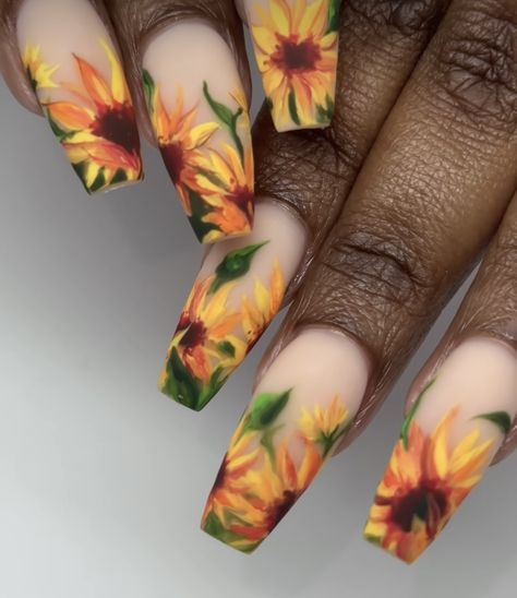 Pumpkin Color Nails, Fall Sunflower Nails, Sunflowers Nails, Fall Sunflowers, Sunflower Designs, Sunflower Nails, Color Nails, Pumpkin Colors, Sunflower Design