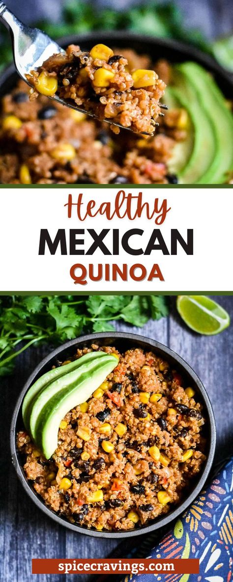 Healthy, filling and so easy to make, this Mexican Quinoa is a delicious one-pot meal. Quinoa, beans, corn, and crunchy peppers are cooked with Mexican spices in just 30-minutes in the Instant Pot. This vegan and gluten-free dish is perfect for school lunches, picnics and potlucks too. This Mexican Quinoa bowl is one of my go-to recipes for mid-week lunches and potlucks. Mexican Quinoa Bowl Recipes, Quinoa Recipes Spicy, Quinoa Recipes Mexican, Mexican Quinoa Recipes, One Pot Mexican Quinoa, Mexican Quinoa Bowl, Instant Pot Quinoa Recipes, Texmex Recipes, Recipes Using Beans