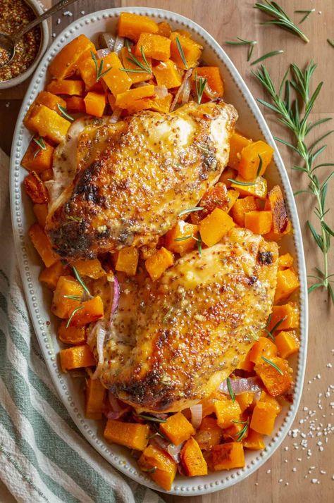 Maple Mustard Chicken and Butternut Squash (Sheet Pan) - Sugar & Snap Peas Sheet Pan Chicken Butternut Squash, Butternut Squash With Chicken, Butternut Squash Sheet Pan Dinner, Butternut Squash And Chicken Recipes, Chicken Butternut Squash Recipes, Chicken And Squash Recipes, Chicken And Butternut Squash Recipes, Butternut Squash Sheet Pan, Squash Sheet Pan