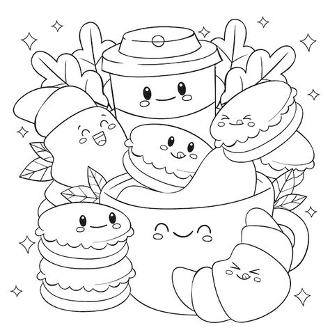 Cakes Coloring Pages, Doodle Coloring Pages, Coloring Pages Food, Cute Food Coloring Pages, Cute Aesthetic Coloring Pages, Kawaii Coloring Pages, Doodles Kawaii, Pop Art Coloring Pages, Manga Coloring Book