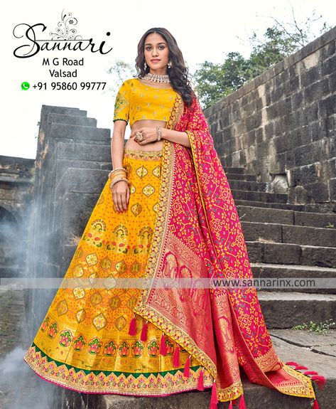 Wedding wear silk Lehngha Yellow Banarasi Lehenga, Lehenga With Dupatta, Banarasi Brocade, Haldi Outfit, Choli Blouse, Yellow Lehenga, Outfit Collection, Lehenga Online, Lehenga Choli Online