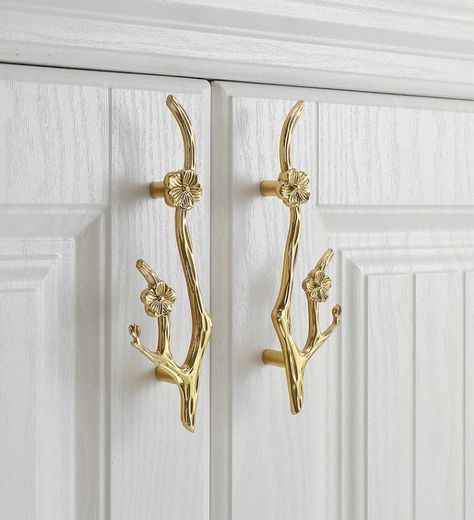 "Flower Knob Solid Brass Knob Branch Cabinet Pulls Drawer Knob Dresser Pull Knobs Handles Kitchen Knobs Pulls Cabinet Pull Hardware BHK123 The price is for one piece Material: Solid Brass Measurements: Length: 6\" (152mm) Width: 1.75\" (45mm) Hole Spacing (Center to Center): 3.3\" (84mm) Screw included. M4. Length 1\" (25mm). If you need other size screws, pls let me know." Anthropologie Cabinet Hardware, Knobs For Furniture, Fun Kitchen Hardware, Decorative Cabinet Hardware, Gold Cabinet Pulls Kitchen, Flower Knobs, Kitchen Knobs And Pulls, Unique Drawer Pulls, Gold Knobs