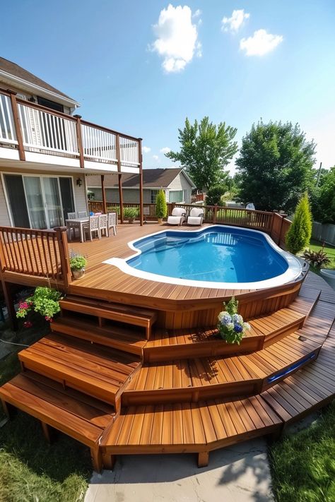 Budget-Friendly Above Ground Pool Deck Ideas Bougie House, Anais Wallpaper, Patio Paver Ideas, Outdoor Flooring Options, Paver Ideas, Above Ground Pool Deck Ideas, Pool Deck Decorations, Luxury Pools Backyard, Above Ground Pool Deck