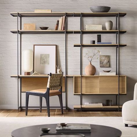 New Furniture | West Elm Wall Unit With Desk, Desk Wall Unit, Narrow Storage, Shelf Units, Wall Desk, Cabinet Space, Shelf Unit, Small Flat, Oak Veneer