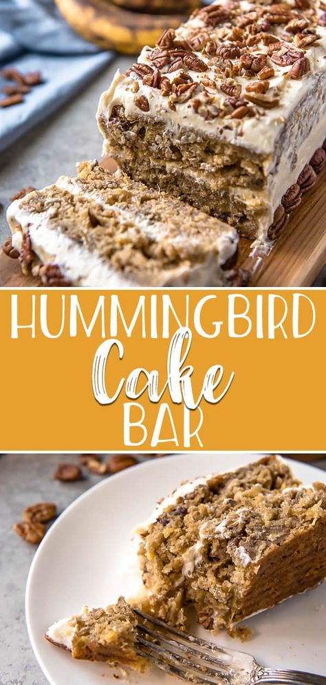 Delightful, incredibly moist, and unmistakably Southern, this Hummingbird Cake Bar is packed full of banana and pineapple goodness! This easy bar cake version of the classic recipe is layered with a pineapple cream cheese frosting and topped with toasted pecans for a crowd-pleasing crunch. Hummingbird Cake Bars, Hummingbird Cakes, Pineapple Cream Cheese Frosting, Flavored Breads, Desserts Banana, Bar Video, Pineapple Cream Cheese, Easy Bar, Cake Bar