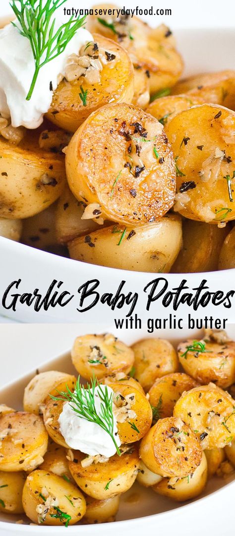 Pan-Seared Garlic Baby Potatoes (video) - Tatyanas Everyday Food Pan Seared Potatoes, Garlic Baby Potatoes, Baby Gold Potatoes, Baby Potato Recipes, Main Recipes, Daycare Menu, Easy Potato Recipes, Russian Food, Eat Veggies