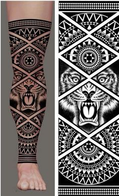 Maori Tiger Tattoo, Maori Tattoo Designs Leg, Tattoo Maori Perna, Geometric Tattoo Hand, Leg Band Tattoos, Geometric Tattoo Sleeve Designs, Tattoo Pierna, Animal Sleeve Tattoo, Geometric Sleeve Tattoo