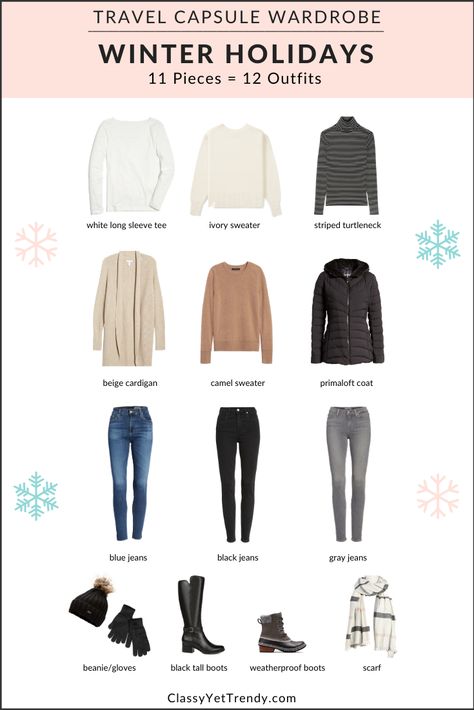 Winter Holidays Travel Capsule Wardrobe - Carry 11 Clothes & Shoes and Get 12 Outfits!  Shop the capsule with  the “Shop My Instagram” link in my Instagram page or here -> https://classyyettrendy.com/instagram-shop #capsulewardrobe #capsulewardrobeblogger #wardrobecapsule #dressbetterwithless #closetgoals #lessismore #lessclothes #leancloset #capsulecloset @shopstyle #shopstyle #winterstyle #winterfashion #everydaystyle #casuallook @shopstylecollective #ootdinspo #ootdinspiration #holidaysoutfit Winter Fashion Outfits Cold Weather, Travel Light Capsule Wardrobe, 7 Day Travel Capsule Wardrobe Winter, 10x10 Capsule Wardrobe Fall, Carry On Capsule Wardrobe Winter, Alaska September Outfit, Winter Capsule Wardrobe 2022, Winter Capsule Wardrobe Travel, Winter Travel Wardrobe