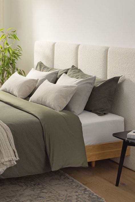 Can we let you in on a secret? Your current bed is actually your new bed. Allow us to explain: our Noel Headboards are super easy to install behind your current frame and elevate your bed to a whole new slumber situation. #Headboard #BedroomDesign #BedroomInspo White Bed Headboard Ideas, Bed With Short Headboard, Bed Ideas With Headboard, Bed Back Board Ideas, Soft Headboard Ideas, Bed Headboard Ideas Fabric, Padded Headboards For Beds, Upholstered Bed Frame Ideas, Boucle Headboard Bedroom