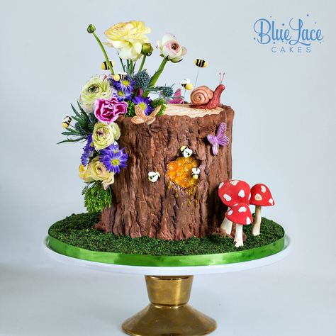 Look at the details on that stump! Fairy Stump Cake, Tree Stump Birthday Cake, Fairy Tree Stump Cake, Tree Stump Fairy Cake, Pikmin Cake, Enchanted Garden Cake, Woodland Fairy Cake, Tree Trunk Cake, Enchanted Forest Cake