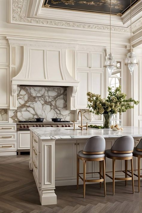 French Kitchen Style, Parisian Kitchen Aesthetic, Neoclassic Kitchen Interior, White Neo Classic Kitchen, Marble Wood Kitchen, Beautiful Kitchen Islands, Victorian Kitchen Aesthetic, Kitchen Interior Neoclassic, Old Money Kitchen