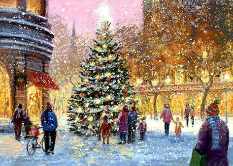 Company Christmas Cards, Charity Christmas Cards, Christmas Tree With Presents, Christmas Scenery, Christmas Scene, Winter Art, Christmas Scenes, Christmas Illustration, Christmas Paintings