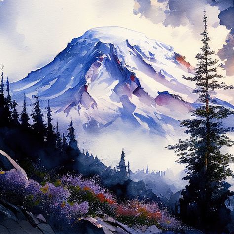 Mt. Rainier With Wildflowers Mount Rainier Painting, Mt Rainier Painting, Mt Rainier Tattoo, Chalet Wedding, Wildflowers Watercolor, Mountain Watercolor, Unicorn Farts, Washington Art, Pacific Northwest Art