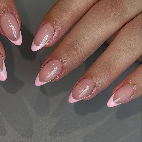 Short Almond Nails Acrylic, Light Pink French Tip, Nails Acrylic Natural, Light Pink French, Glue On Nails Short, Nails Short Almond, Almond Nails Pink, Oval Acrylic Nails, Pink Tip Nails