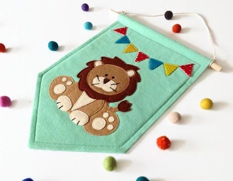 Lion Felt Banner, Nursery Wall Art, Eco Felt Pennant Flag, Kids Room Decor, Ready to Ship Punch Sablon, Banner Nursery, Kazuri Beads, Felt Name Banner, School Banners, Pillow Projects, Felt Banner, Christmas Bunting, Banner Ideas