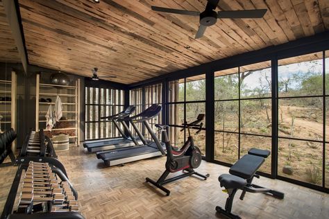 The gym Forest Gym, Door Gym, Bush Camp, Sunroom Remodel, Garage Gyms, Temple Spa, Nature Luxury, Luxury Safari Lodge, African Luxury