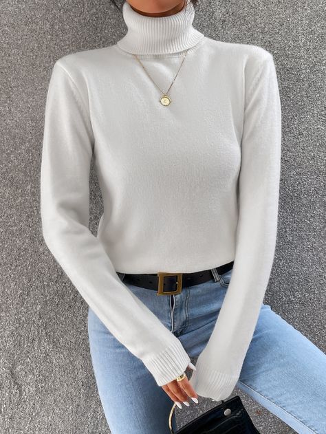 White Casual  Long Sleeve Acrylic Plain Pullovers  High Stretch Fall/Winter Women Knitwear White Poloneck Winter Outfit, White Long Sleeve Turtleneck Outfit, White Turtleneck Outfit Women, White Longsleeves Outfit Women, Turtleneck Outfit Women, White Longsleeves Outfit, Slytherin Closet, Basic Top Outfit, White Turtleneck Outfit