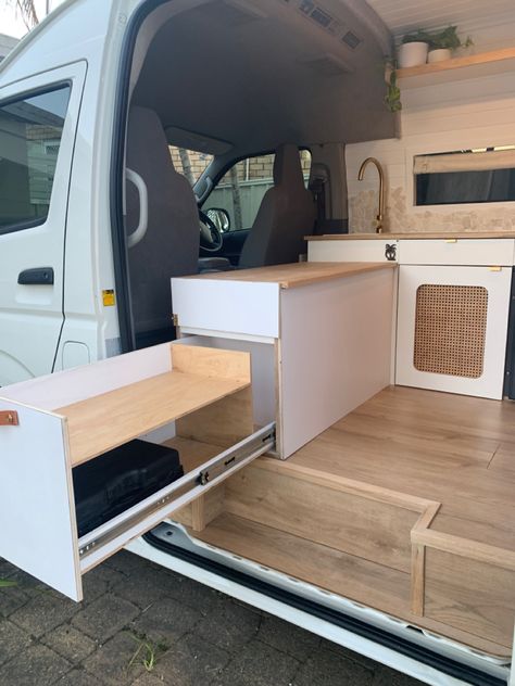 Hyundai Van Camper, Pull Out Kitchen Campervan, Toyota Hiace Van Conversion, Toyota Hiace Campervan Interior, Van Curtains, Toyota Hiace Campervan, Hiace Camper, T5 Camper, Rv Travel Trailers