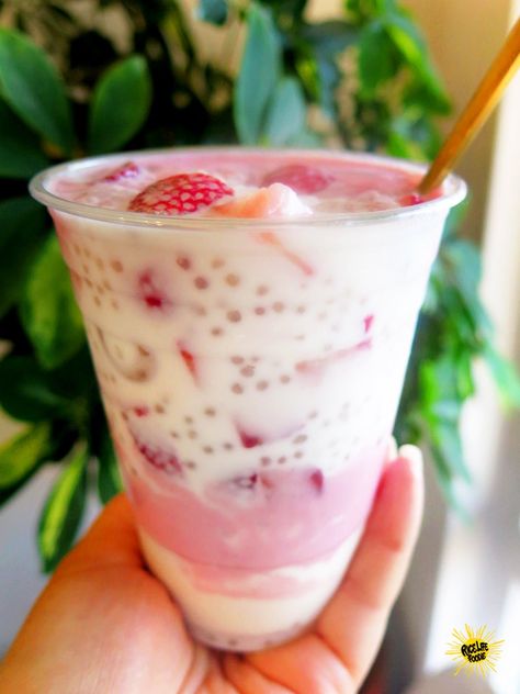 The BEST Strawberry Sago with Step-by-Step Images! | Rice Life Foodie Creamsicle Milkshake Recipe, Orange Creamsicle Milkshake, Strawberry Sago, Creamsicle Milkshake, Sago Recipes, Vegan Condensed Milk, Mango Sago, Kids Drinks, Filipino Dessert