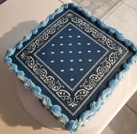 Bandana Cake Bandana Birthday Party Ideas, Bandana Party Ideas, Blue Bandana Cake, Black And White Bandana Theme, Bandanna Cake, Blue Bandana Cake Ideas, Bandana Birthday Cake, Crip Blue Bandana Cake, Bandana Cake