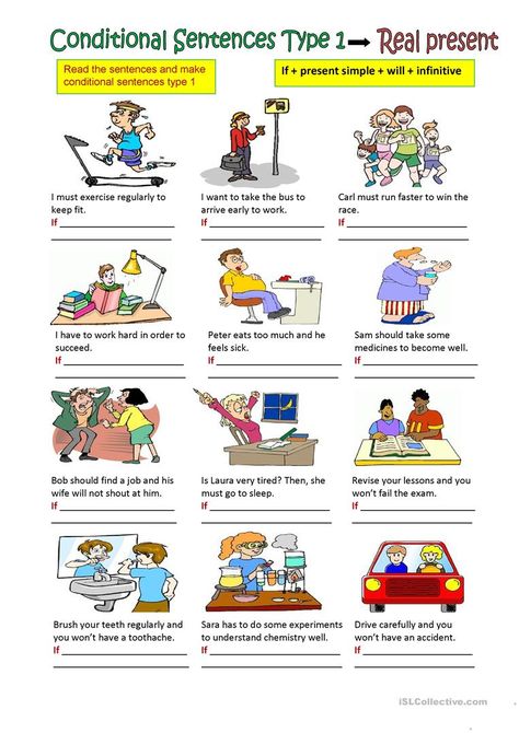 Conditional sentences type 1. - English ESL Worksheets for distance learning and physical classrooms English Conditionals, Second Conditional, Conditional Sentences, Tenses Grammar, Sentence Activities, Esl Teaching Resources, English Teaching Materials, Grammar Exercises, Types Of Sentences