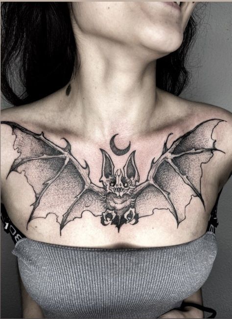 Chest Tattoo Bat, Moth Tramp Stamp, Bat Chest Tattoo, Trippy Tattoo Ideas, Trippy Tattoo, Full Chest Tattoos, Clavicle Tattoo, Emo Tattoos, Optical Illusion Tattoos