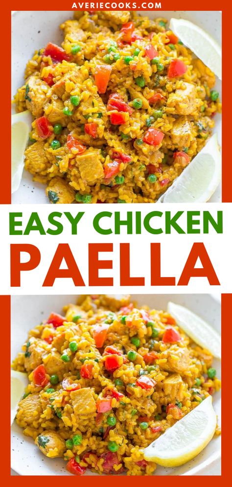 Easy Chicken Paella Recipe - Averie Cooks Chicken Paella Recipe, Chicken Paella, Weeknight Dinner Recipes, Cilantro Chicken, Averie Cooks, Favorite Recipes Chicken, Paella Recipe, Chicken Appetizers, Cooking Seafood