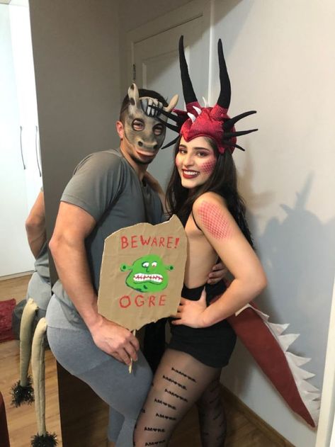 Dragon And Donkey Halloween Costume, Dragon Shrek Halloween Costume, Shrek And Fiona Halloween Costumes, Women Dragon Costume, Shriek Halloween Costume, Shrek Costume Dragon, Shrek Couples Costume, Donkey And Dragon Couple Costume, Shrek Rave Costume