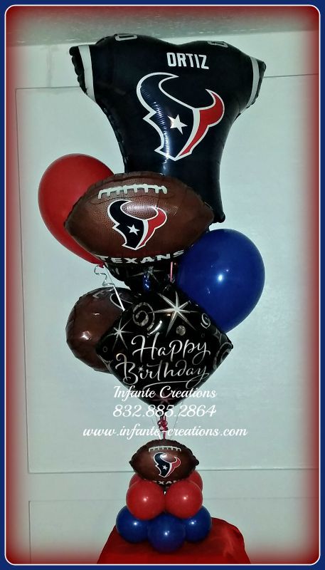 Houston Texans Personalized Birthday Balloon Bouquet  #Texans #Qualatex #Balloons Texans Birthday Party Ideas, Balloon Table Centerpieces, Football Themes, Sports Decorations, Super Bowl Food, Balloon Bouquet, Birthday Balloons, Personalized Birthday, Balloon Decorations