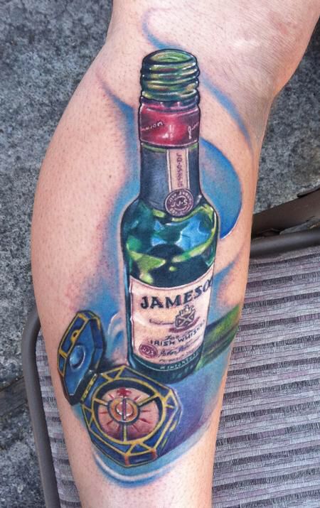 Face Sleeve Tattoo, Whiskey Tattoo, Jameson Bottle, Bottle Tattoo, Jameson Irish Whiskey, Map Tattoos, Leg Tattoos Women, Pretty Tattoos For Women, Face Tattoos