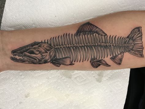 King Salmon Fish Skeleton tattoo Salmon Skeleton Tattoo, Fish Skeleton Tattoo, Logan Tattoo, Tattoo Fishing, Salmon Tattoo, Travel Tattoo Ideas, Skeleton Tattoo, Fish Skeleton, Bone Tattoos